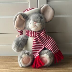 Aurora World Vintage Grey Christmas Mouse Plush Stuffed Animal Posable Tail 8”